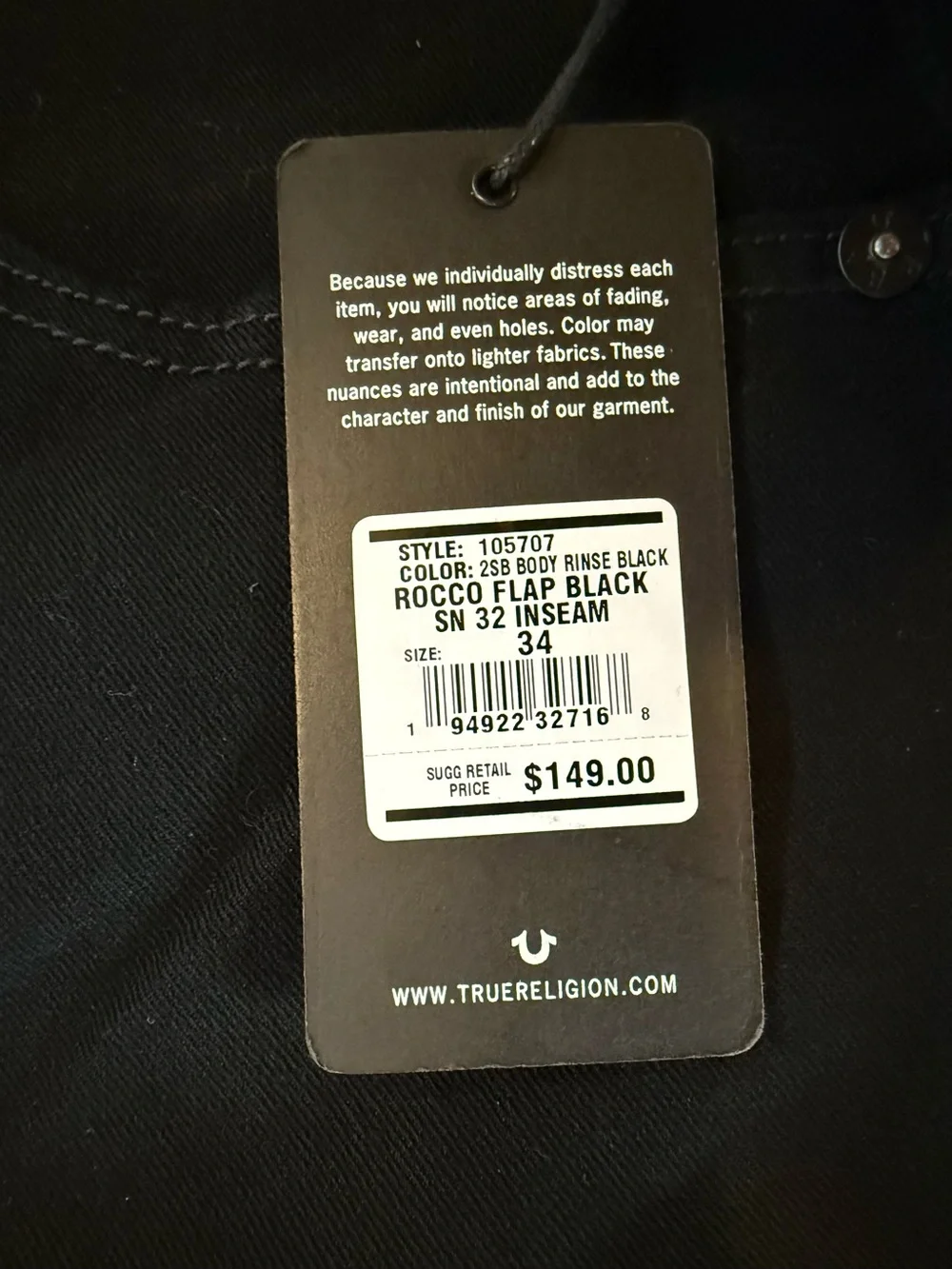 NWT True Religion Rocco Relaxed Skinny Jeans 34x32 Black Flap Pocket